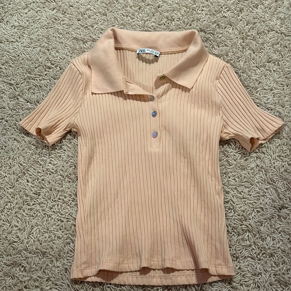 light pink, zara collared button-up, cropped shirt